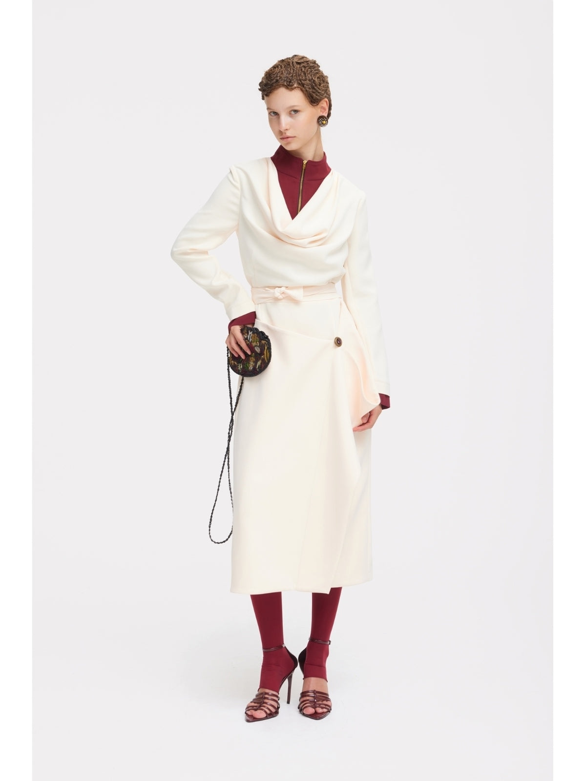 JULIA ALLERT ivory draped midi dress, back view on model, buy at DOORS NYC