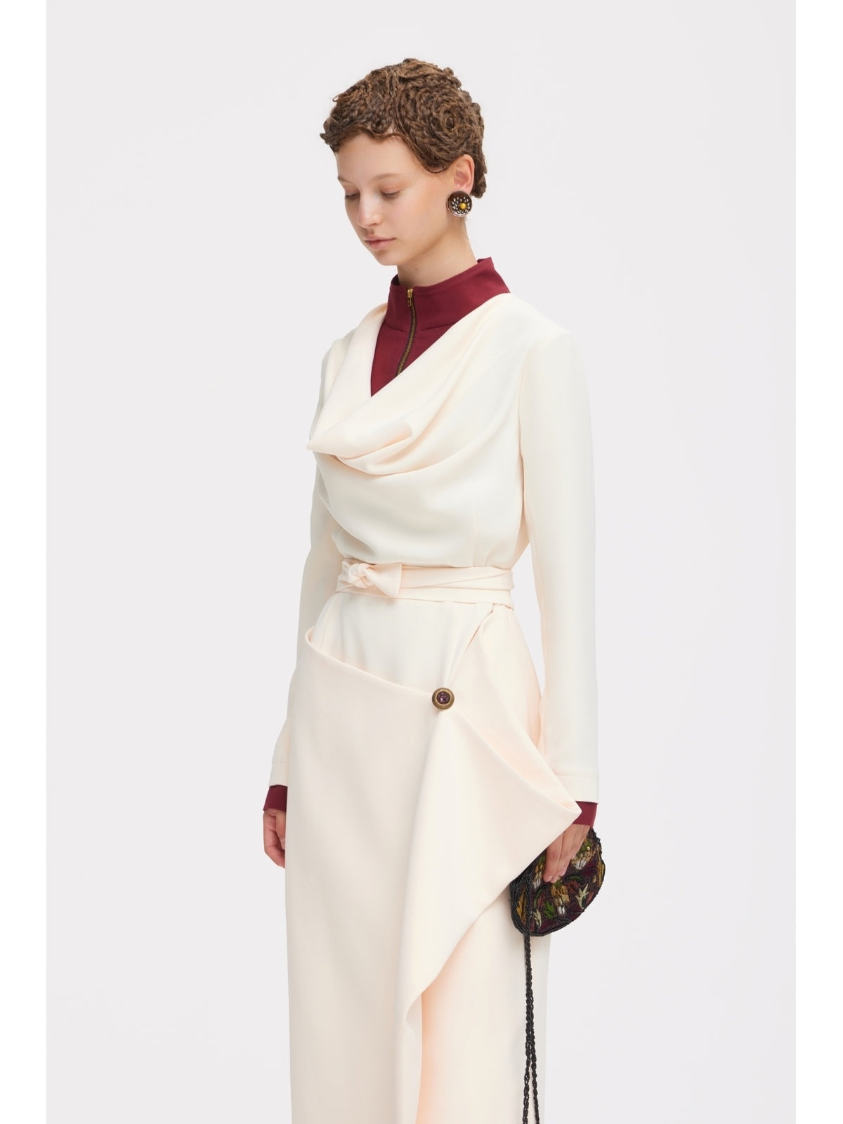 JULIA ALLERT ivory asymmetric midi dress, side view on model, buy at DOORS NYC