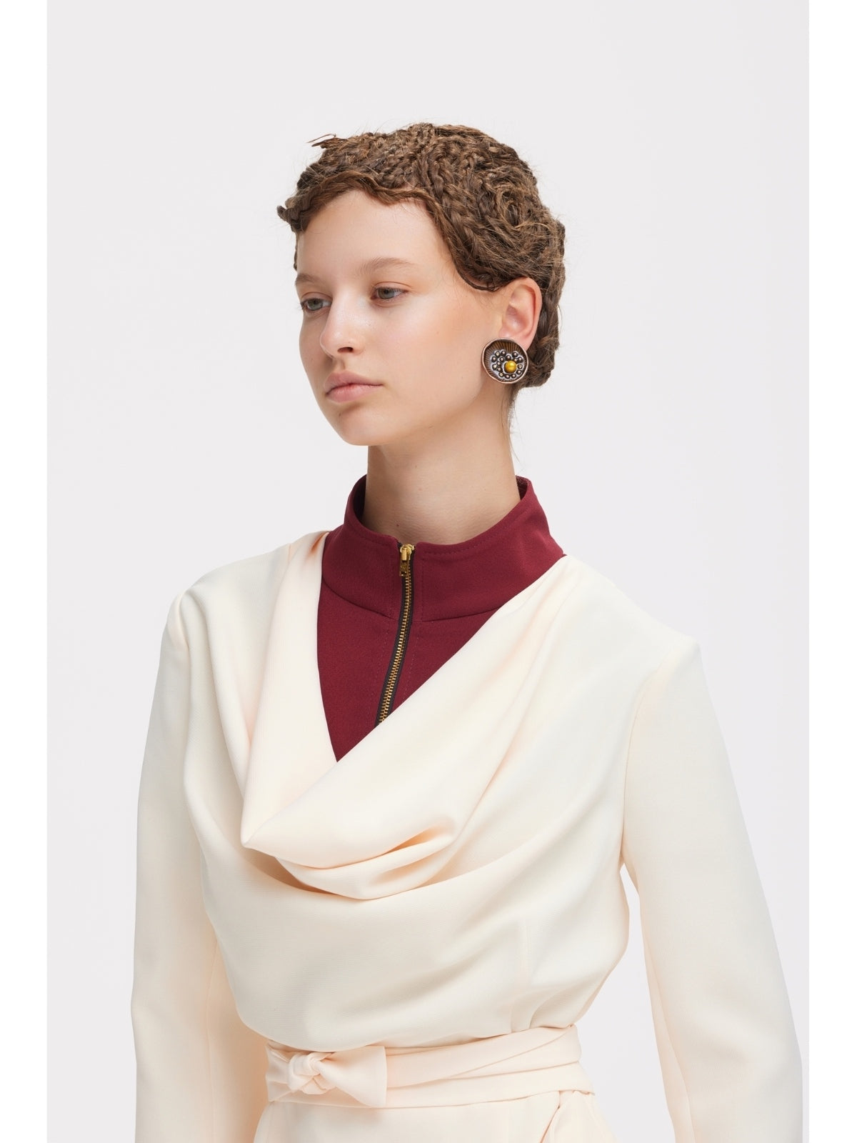 JULIA ALLERT ivory high-neck draped midi dress, close-up, buy at DOORS NYC