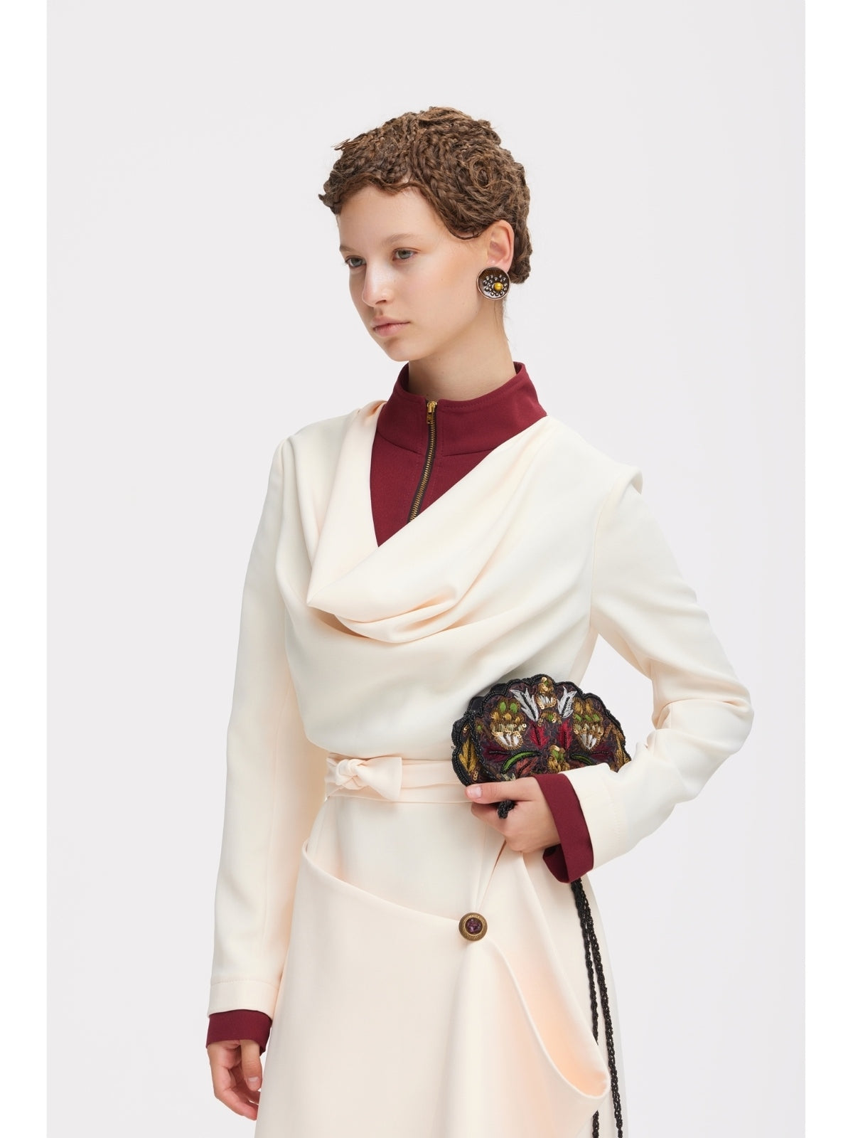 JULIA ALLERT ivory draped high-neck dress, styled look, buy at DOORS NYC