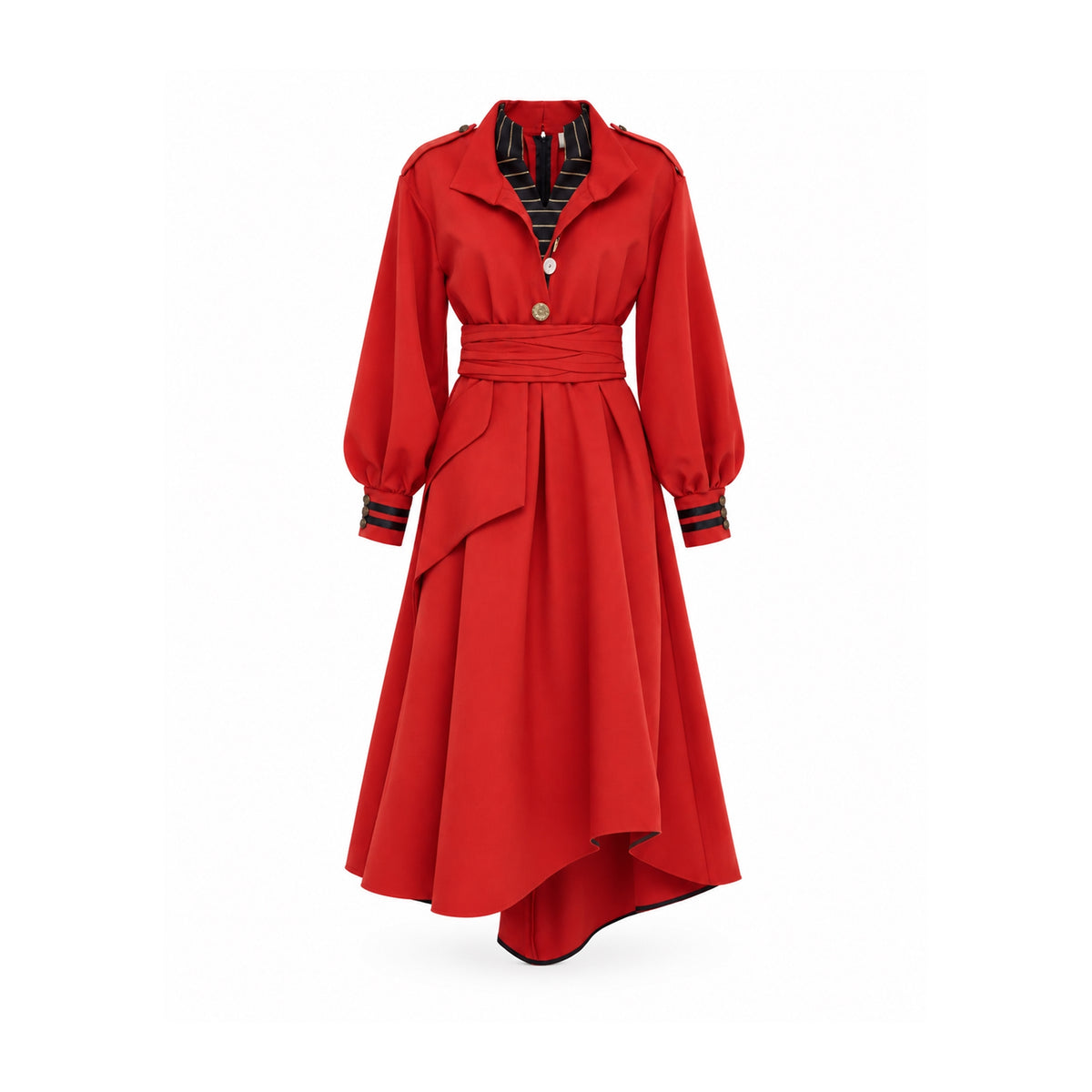 JULIA ALLERT red double-collar belted A-line midi dress, front view, women's occasion dress, buy at DOORS NYC