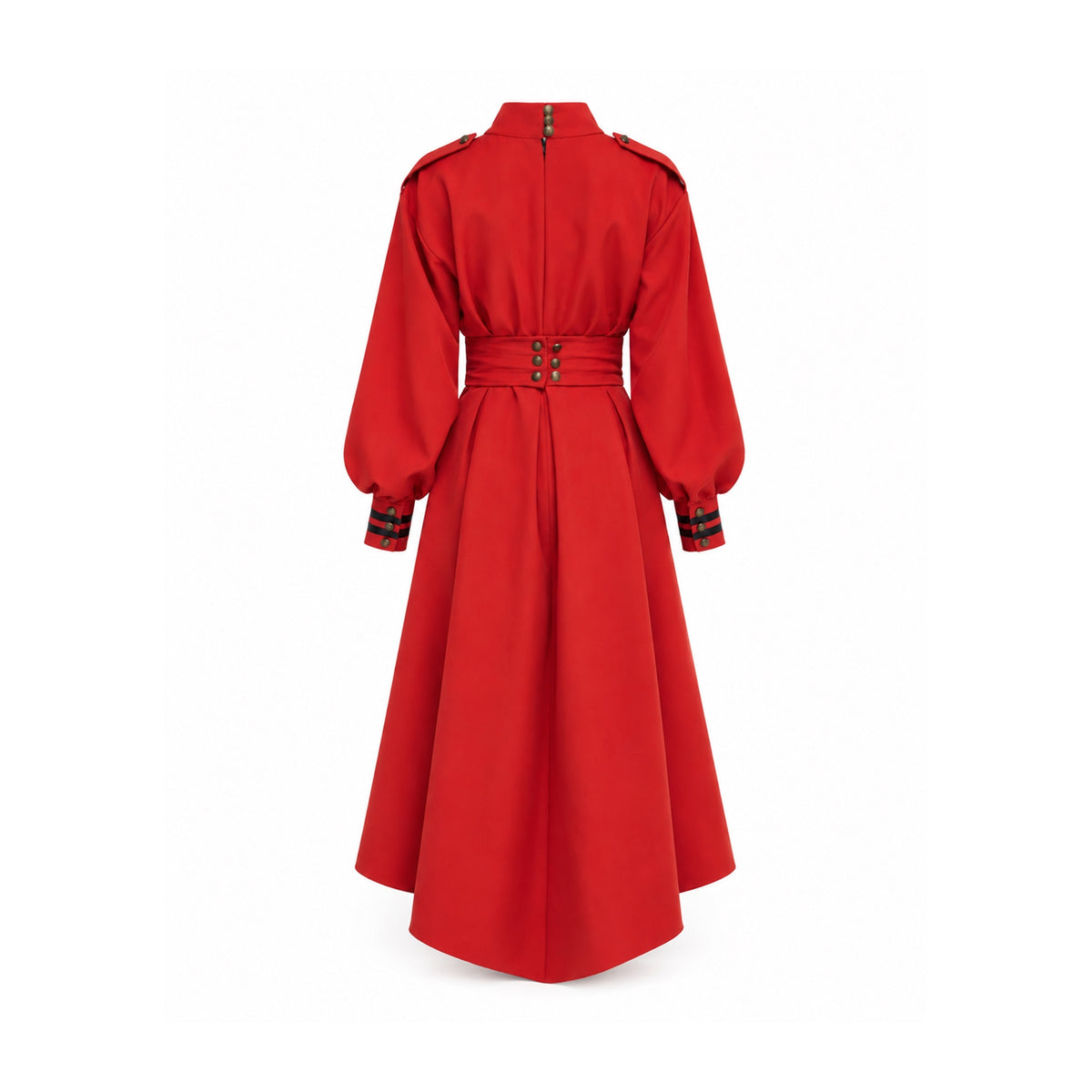 JULIA ALLERT red belted midi dress with voluminous sleeves, back view, buy at DOORS NYC