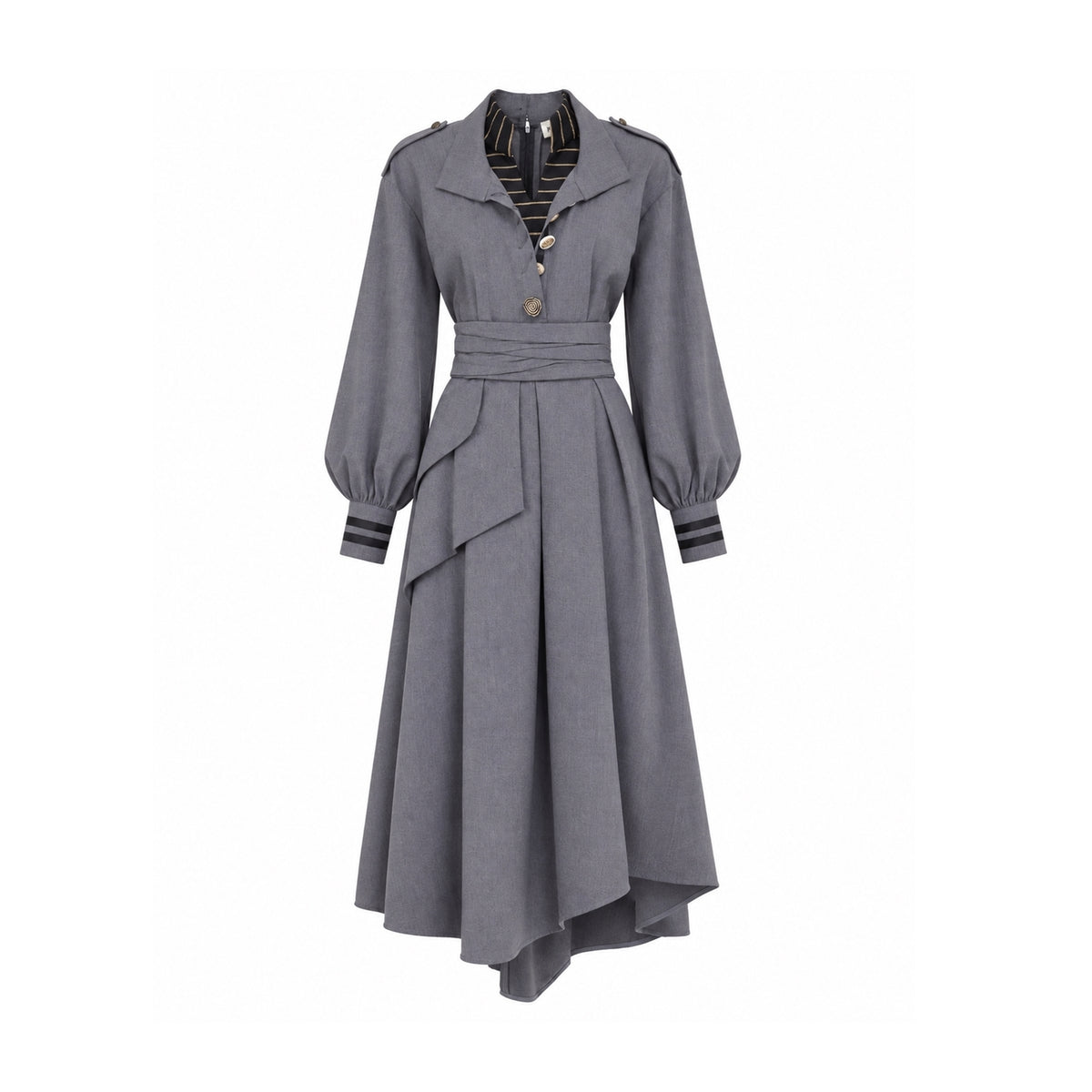 JULIA ALLERT grey double-collar belted A-line midi dress, women's designer dress, buy at DOORS NYC