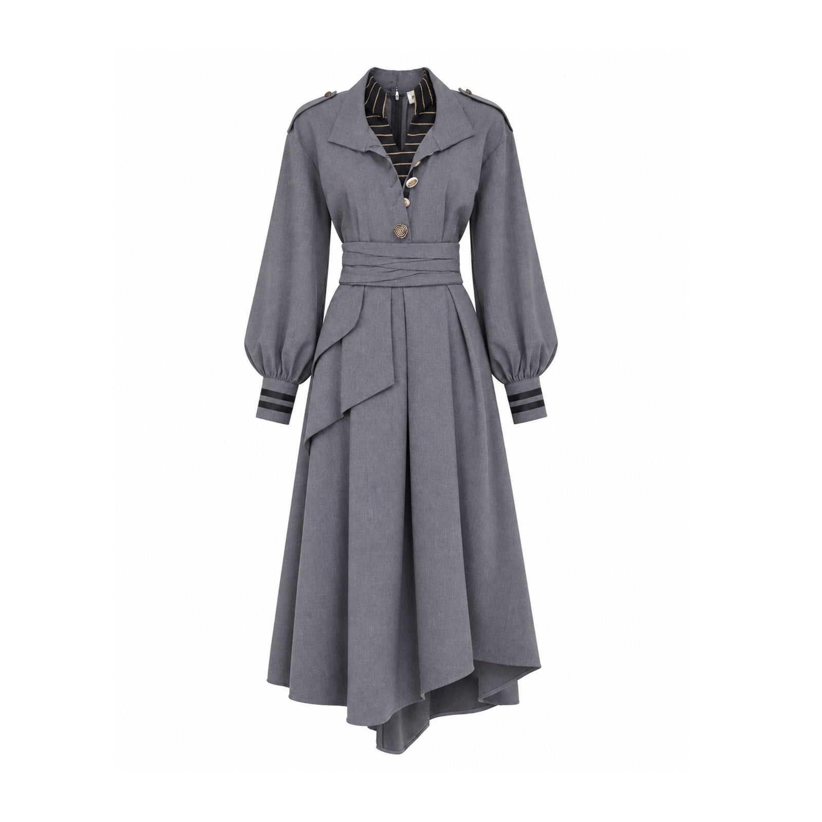 JULIA ALLERT grey double-collar belted A-line midi dress, women's designer dress, buy at DOORS NYC