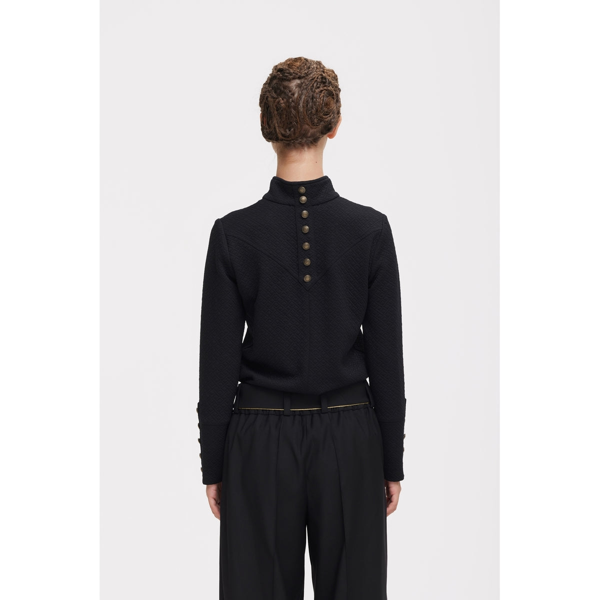 JULIA ALLERT black textured knit zip-up top, back view on model, buy at DOORS NYC