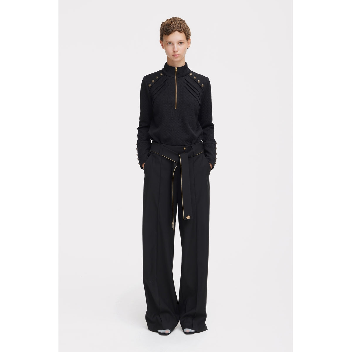 JULIA ALLERT black long sleeve zip top, model look, buy at DOORS NYC