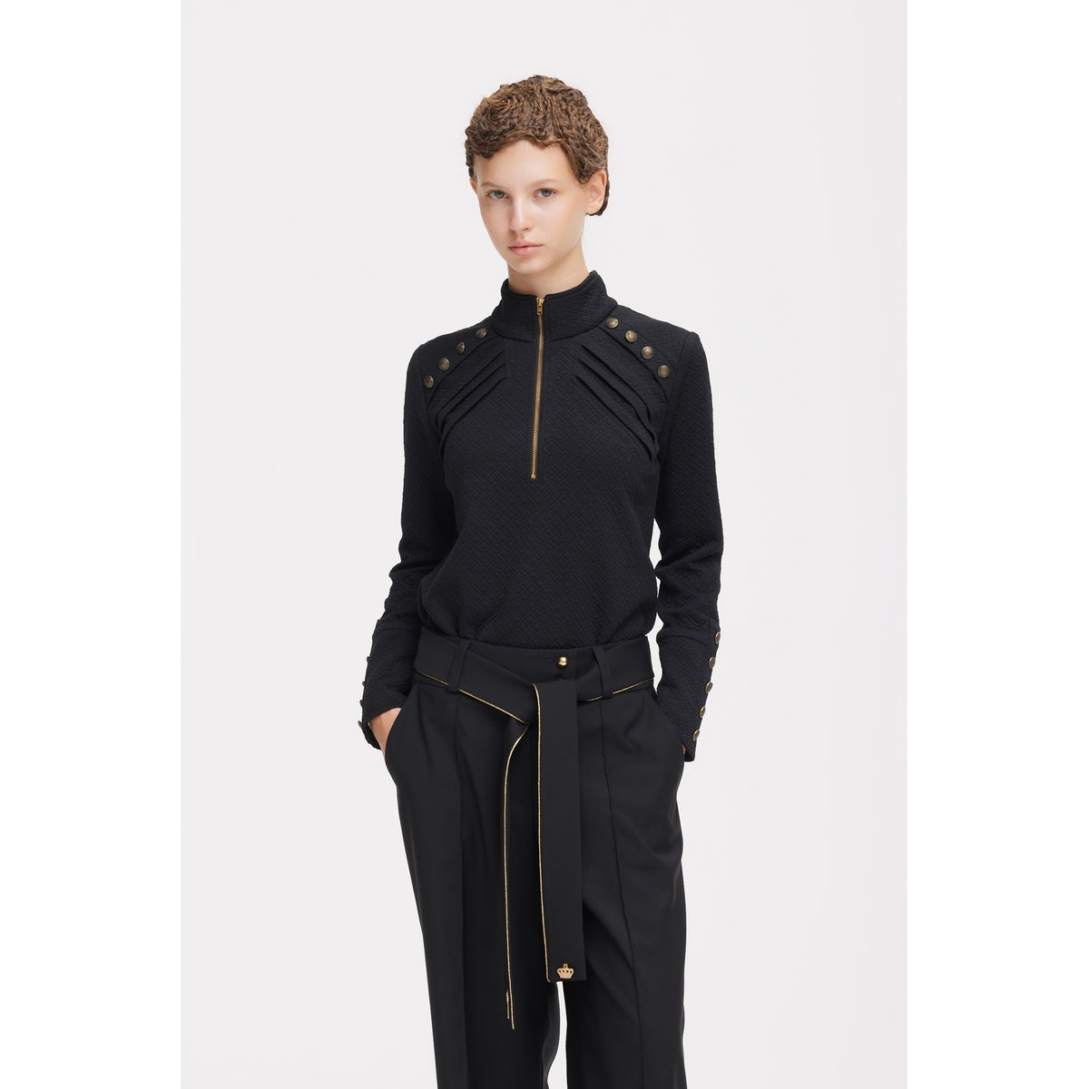 JULIA ALLERT black tie-waist straight-leg trousers worn by model with black top, styled look, buy at DOORS NYC
