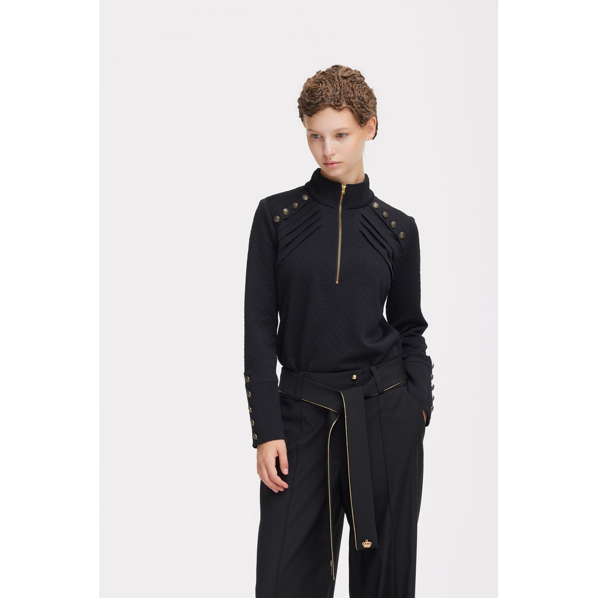JULIA ALLERT black zip-up knit top, styled outfit, buy at DOORS NYC