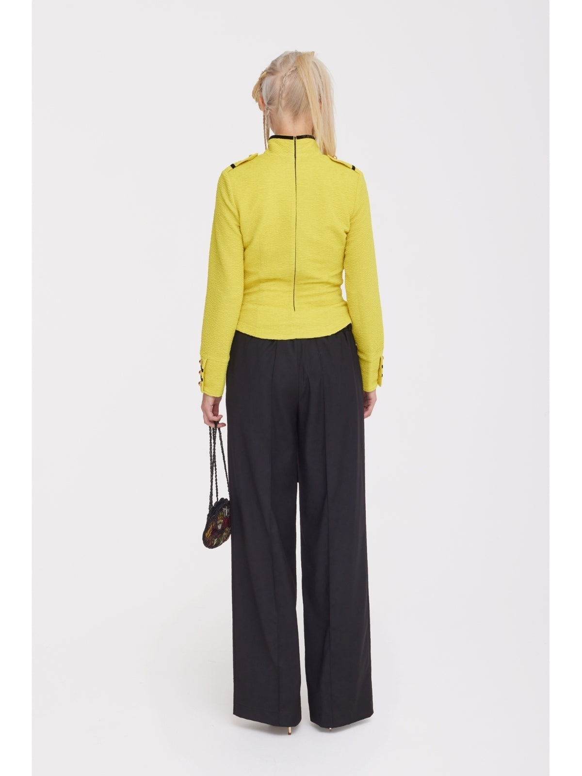 JULIA ALLERT yellow asymmetrical long sleeve blouse, front view on model, buy at DOORS NYC