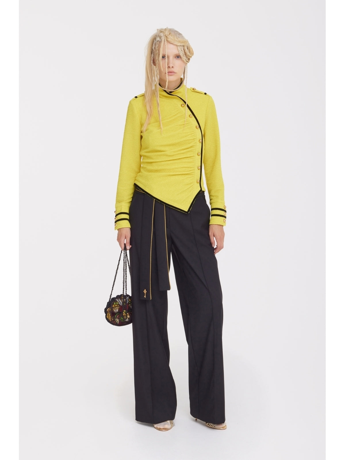 JULIA ALLERT yellow fitted ruched blouse, full-length model shot, buy at DOORS NYC