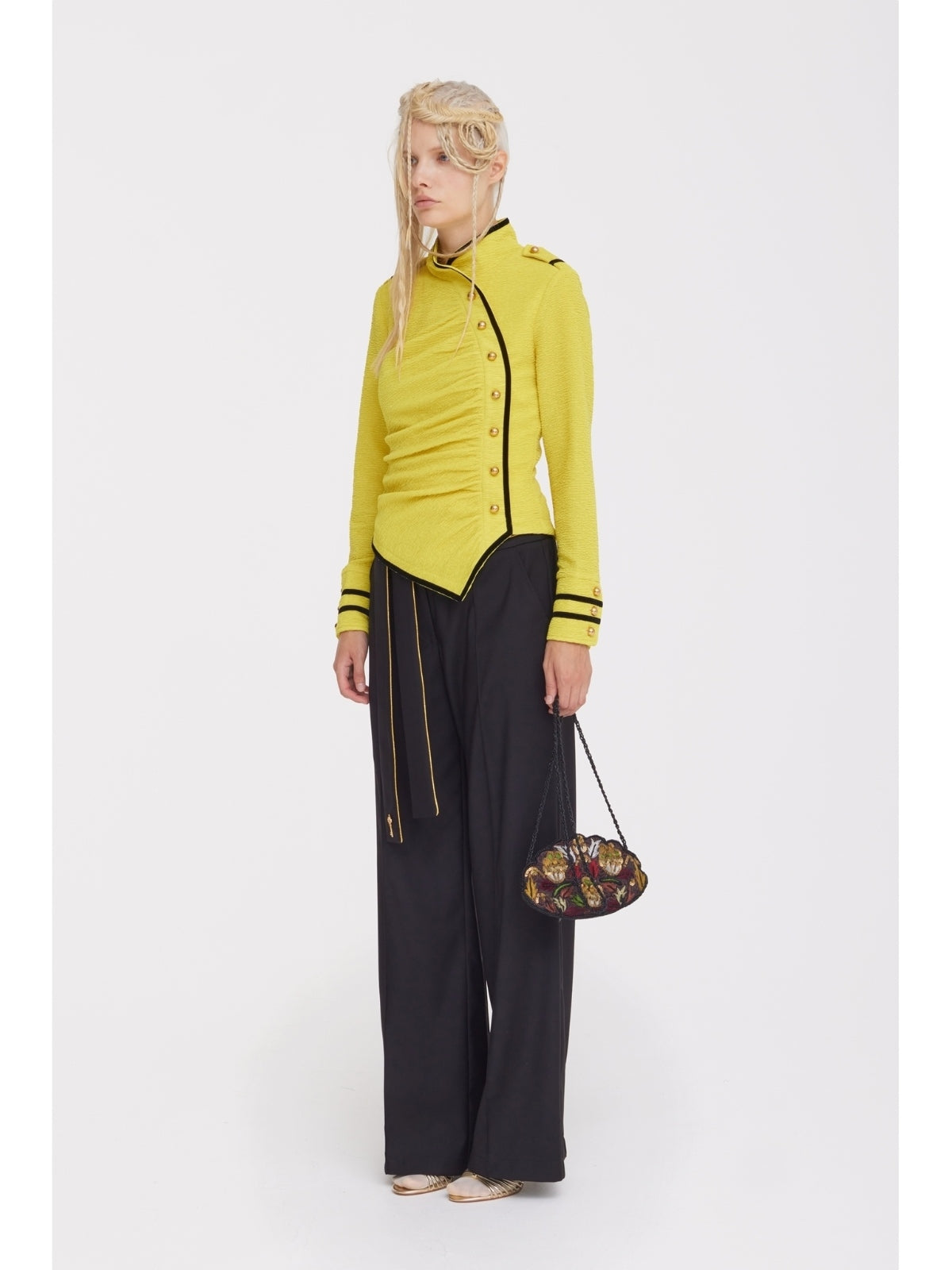JULIA ALLERT yellow ruched blouse, side view on model, buy at DOORS NYC