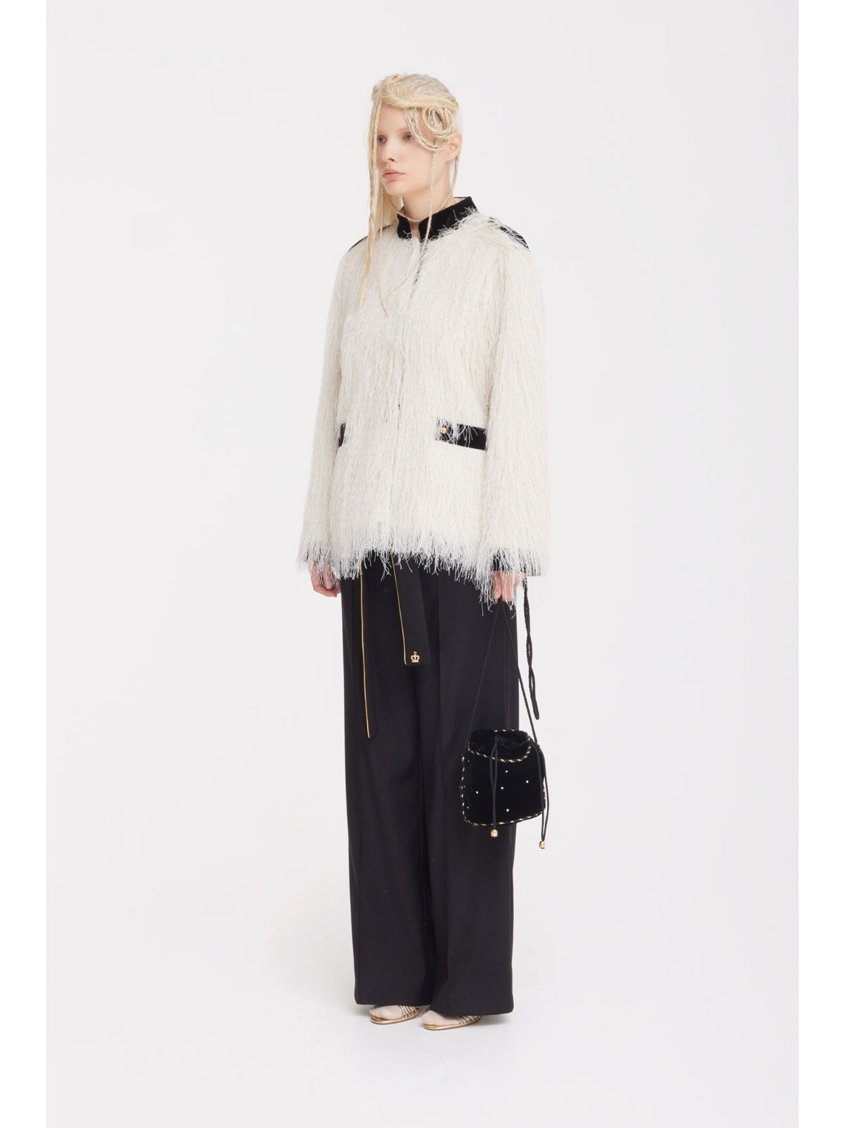 JULIA ALLERT ivory fuzzy jacket with black trousers, styled outfit, buy at DOORS NYC
