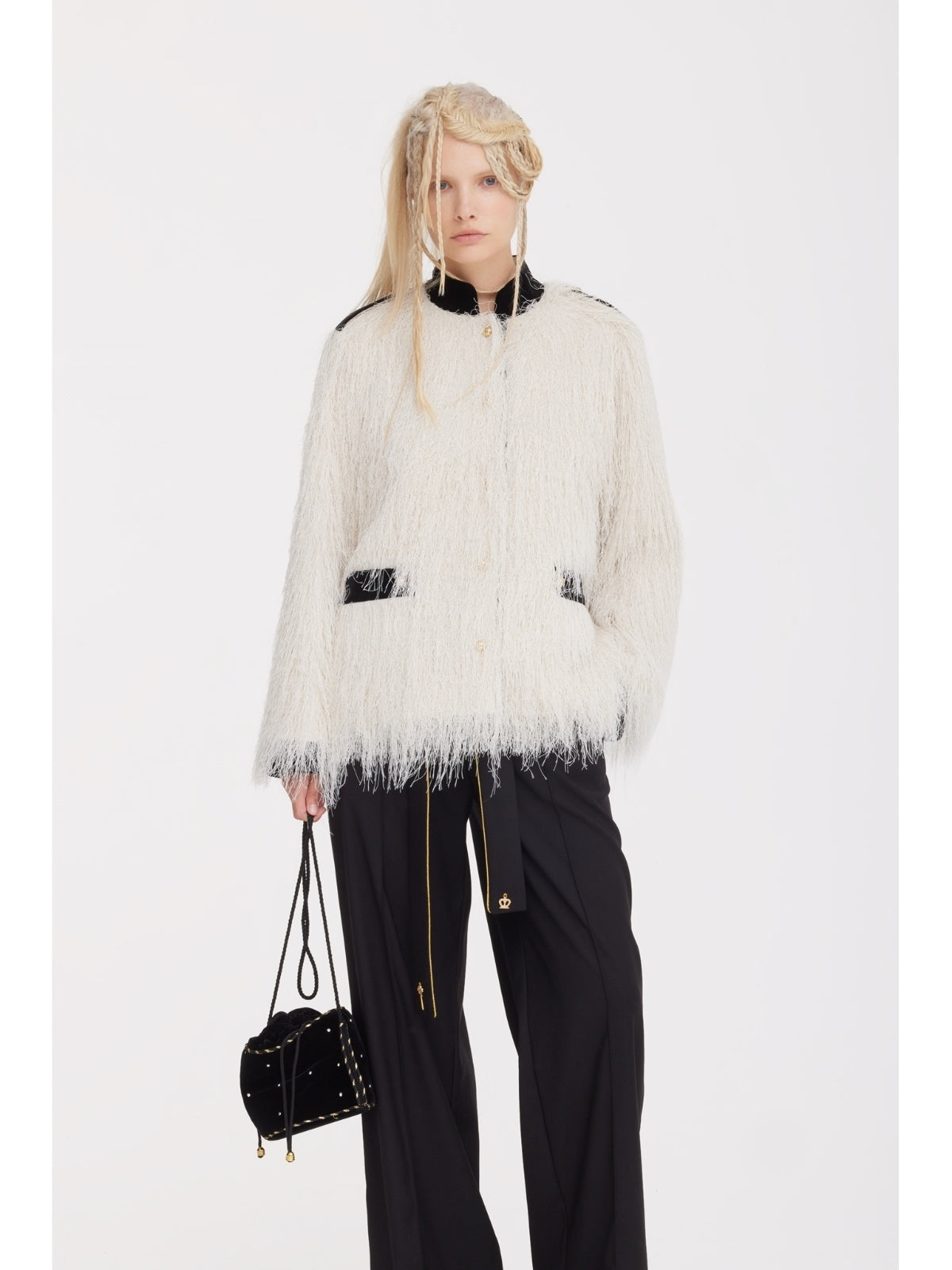 JULIA ALLERT ivory fuzzy textured jacket worn by model with black trousers, styled look, buy at DOORS NYC