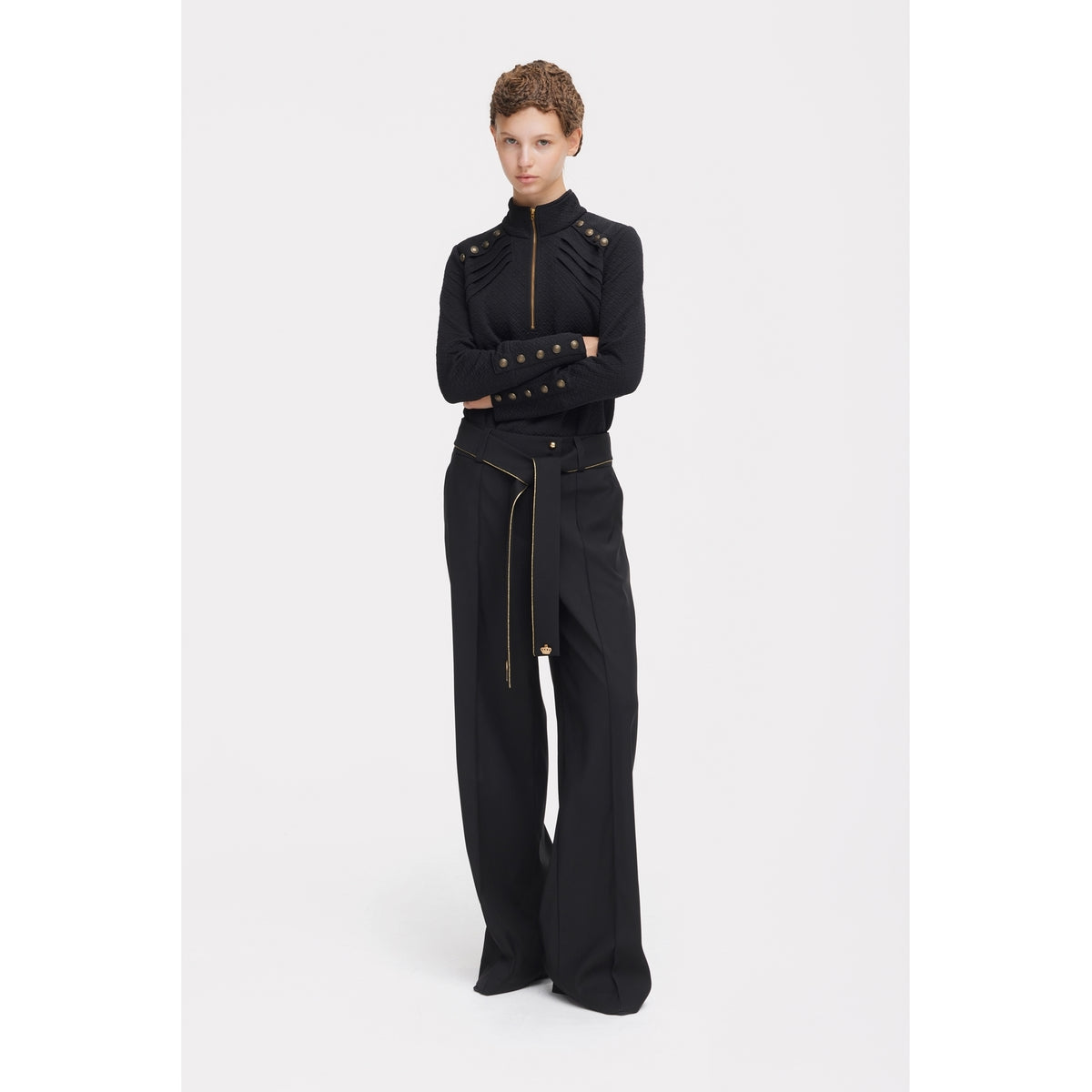 JULIA ALLERT black knit zip-up top, full outfit with trousers, buy at DOORS NYC