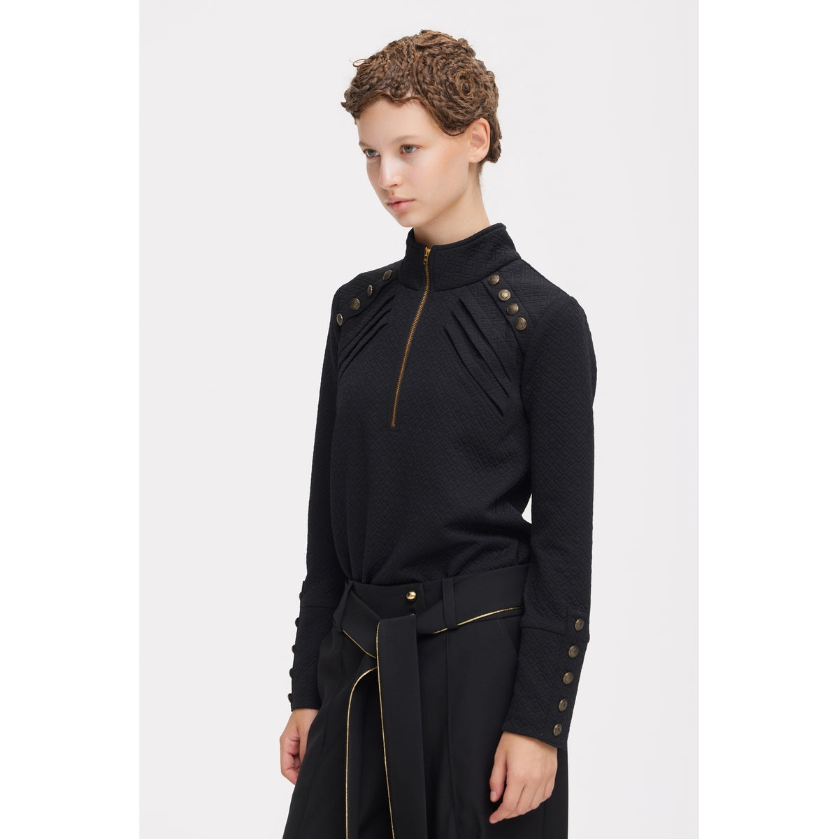 JULIA ALLERT black long sleeve zip-up top, front view on model, buy at DOORS NYC