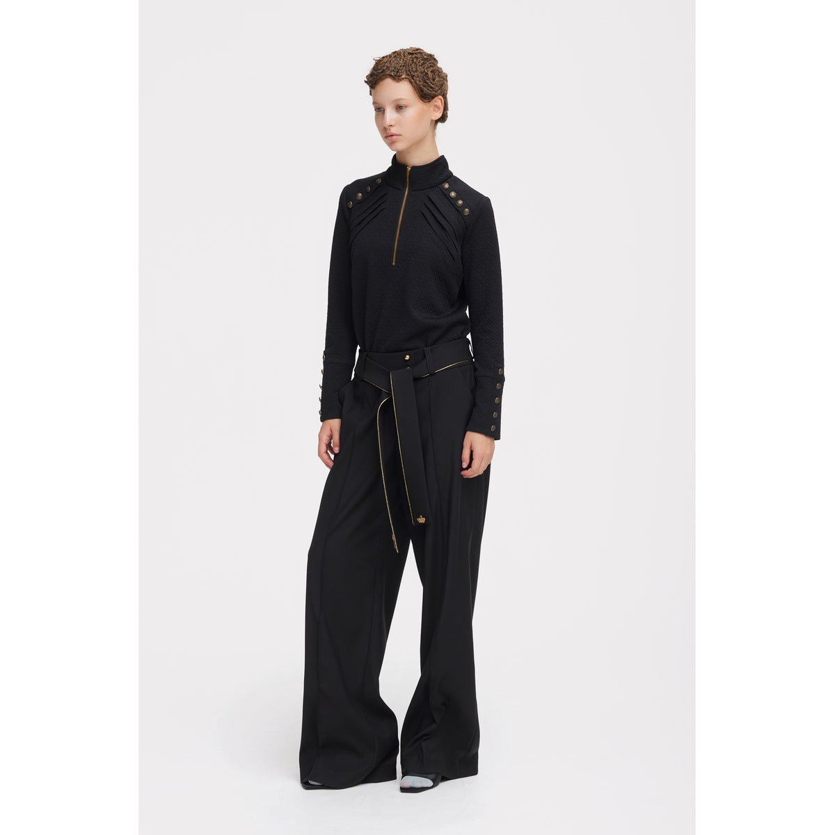 JULIA ALLERT black textured knit top, full-length model shot, buy at DOORS NYC