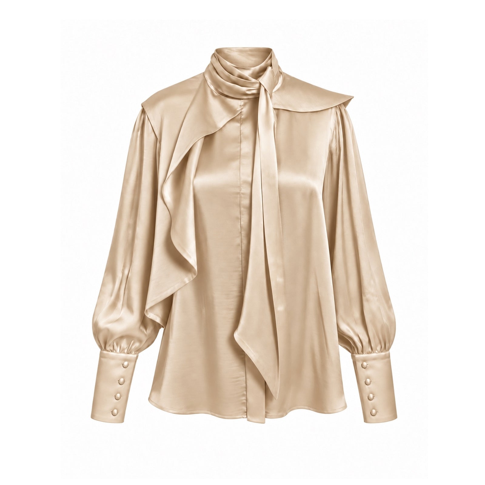 Draped High-Neck Silk Organza Blouse | Beige Yellow