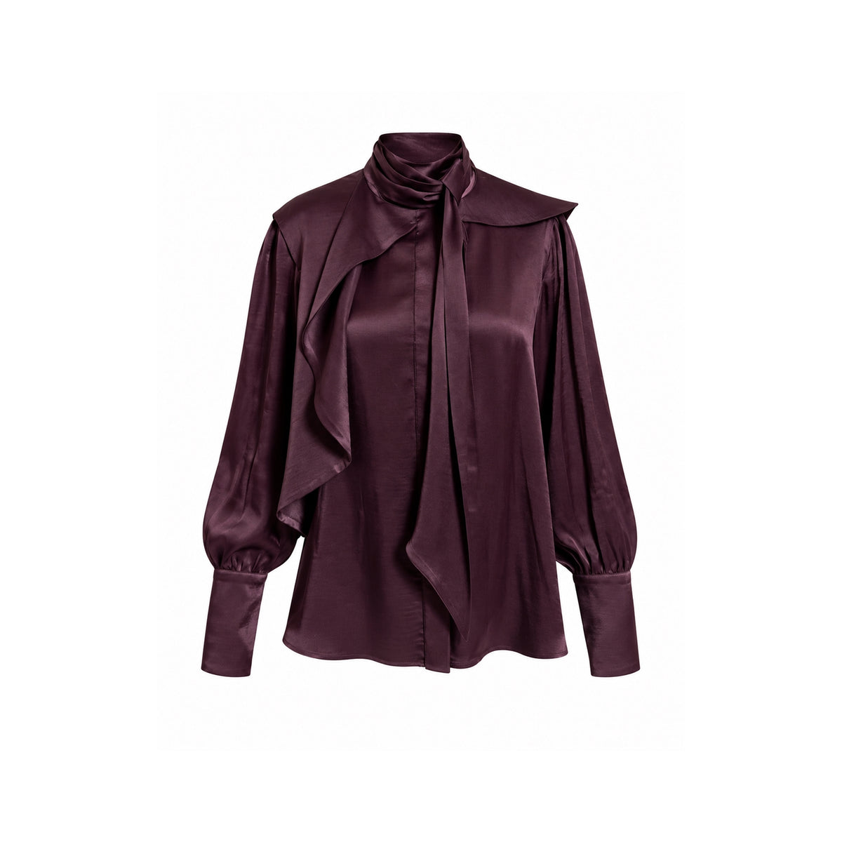 JULIA ALLERT burgundy draped high-neck silk organza blouse, front view, women's evening blouse, buy at DOORS NYC