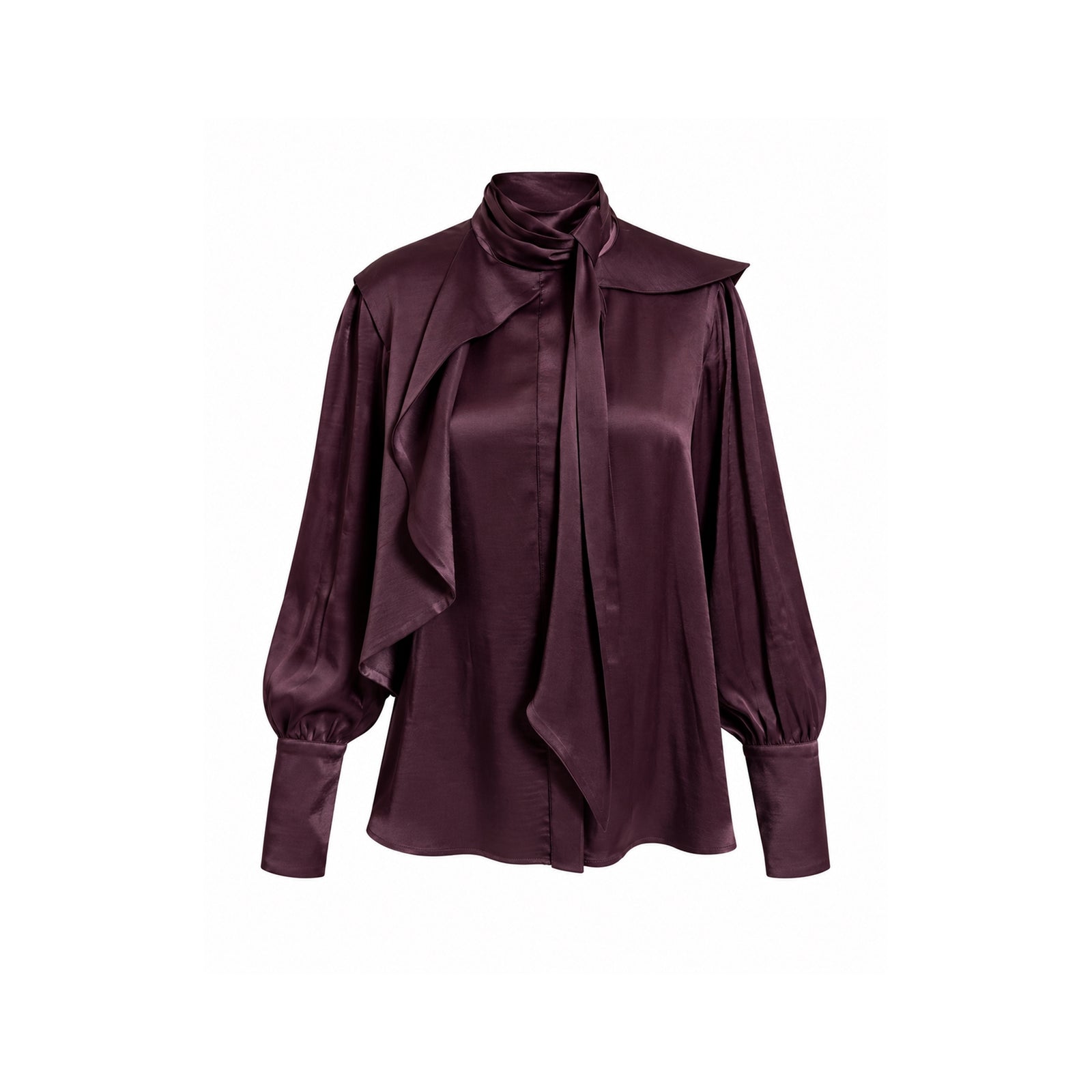 JULIA ALLERT burgundy draped high-neck silk organza blouse, front view, women's evening blouse, buy at DOORS NYC