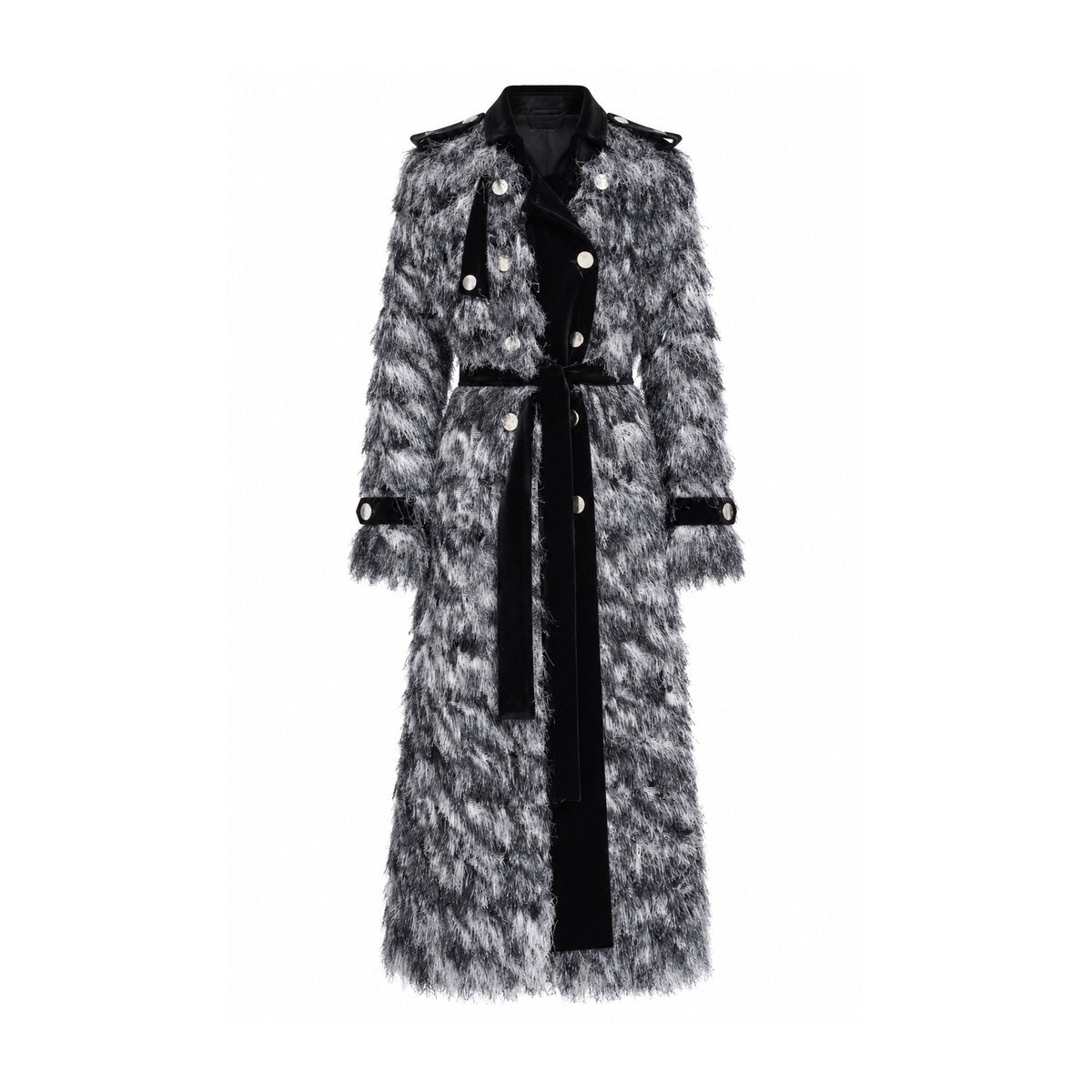 JULIA ALLERT charcoal grey textured velvet-detail long coat, front view, women's designer outerwear, buy at DOORS NYC