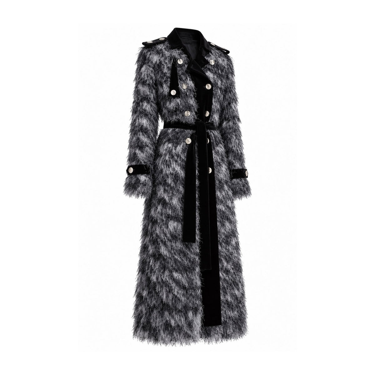JULIA ALLERT textured long coat with black velvet front trim and button fastening, buy at DOORS NYC