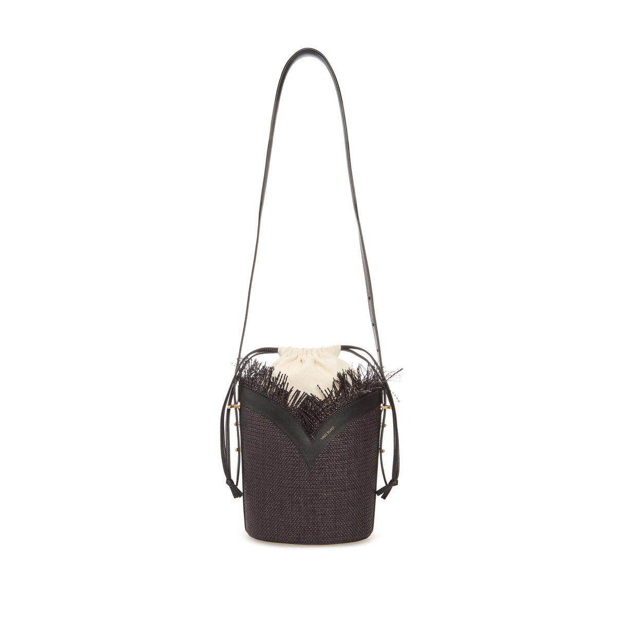 Black Woven Large Bucket Bag with Leather Trim