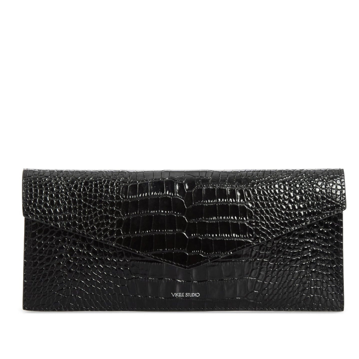 Black Croc-Embossed Leather Clutch with Chain Strap