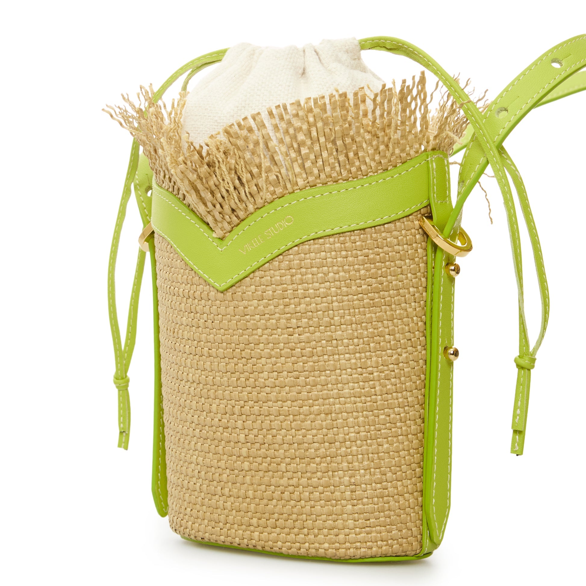 Beige Woven Mini Bucket Bag with Lime Green Leather Trim