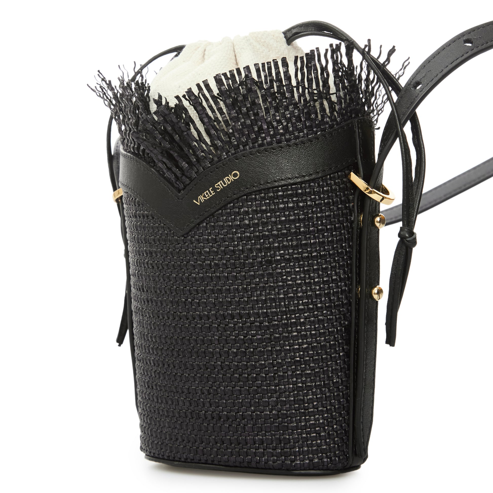 Black Woven Mini Bucket Bag with Leather Trim