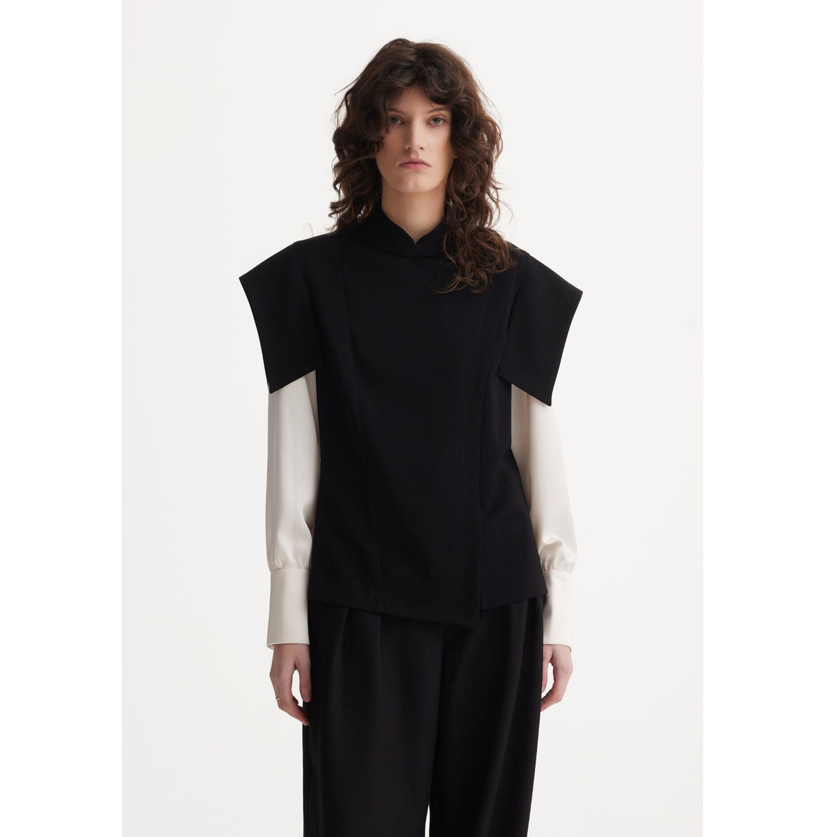 Tailored Blazer-Style Blouse With Satin Sleeves | Black &amp; Ivory