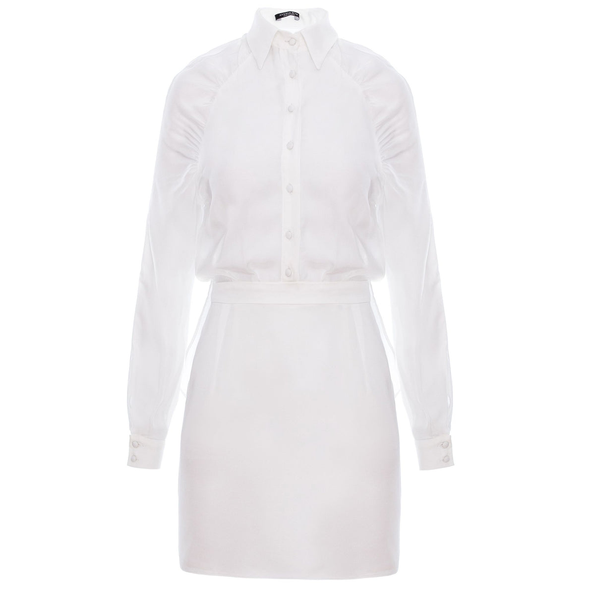 Gathered Raglan Sleeve Viscose Mini Shirt Dress - White