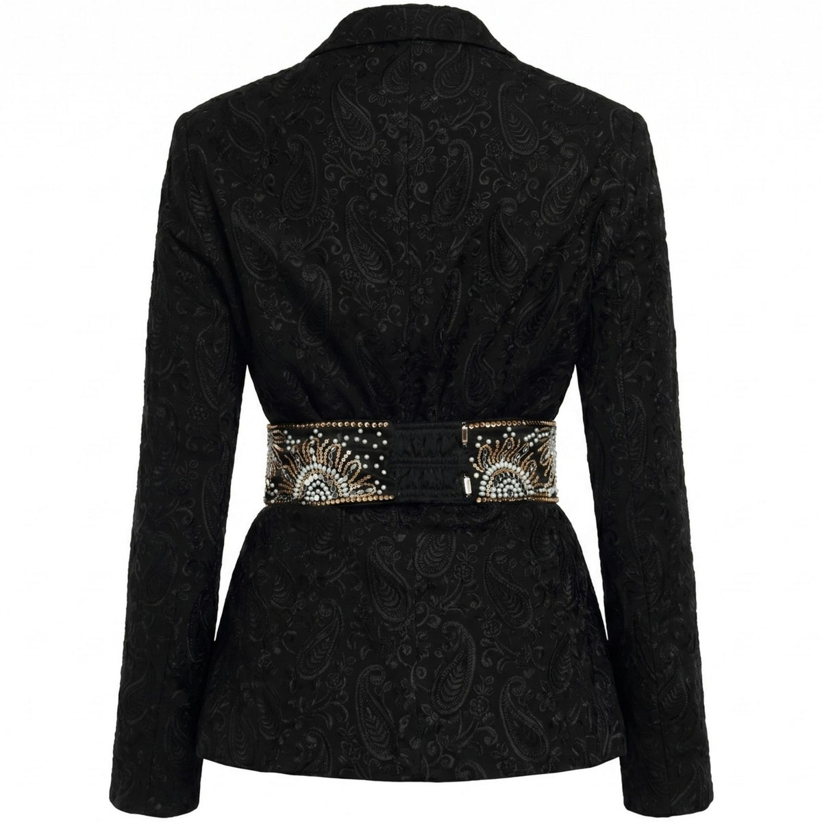 The image shows the back of the Black Paisley Textured Blazer by INTERNATIONAL APPEAL, a fitted piece with a paisley texture and an embellished waist belt decorated with intricate beaded and jeweled designs.