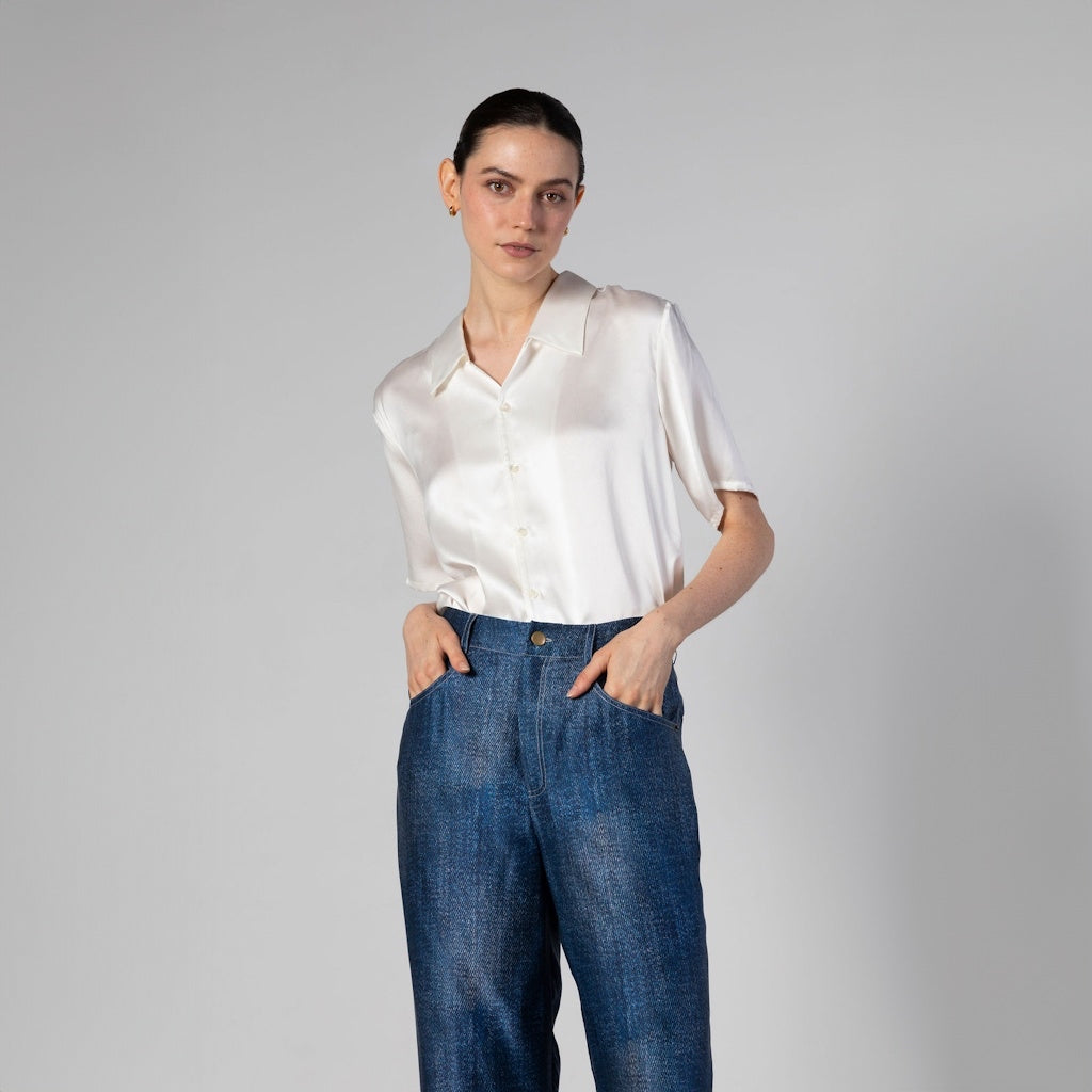 Silk Wide-Leg Jeans with Contrast Stitching