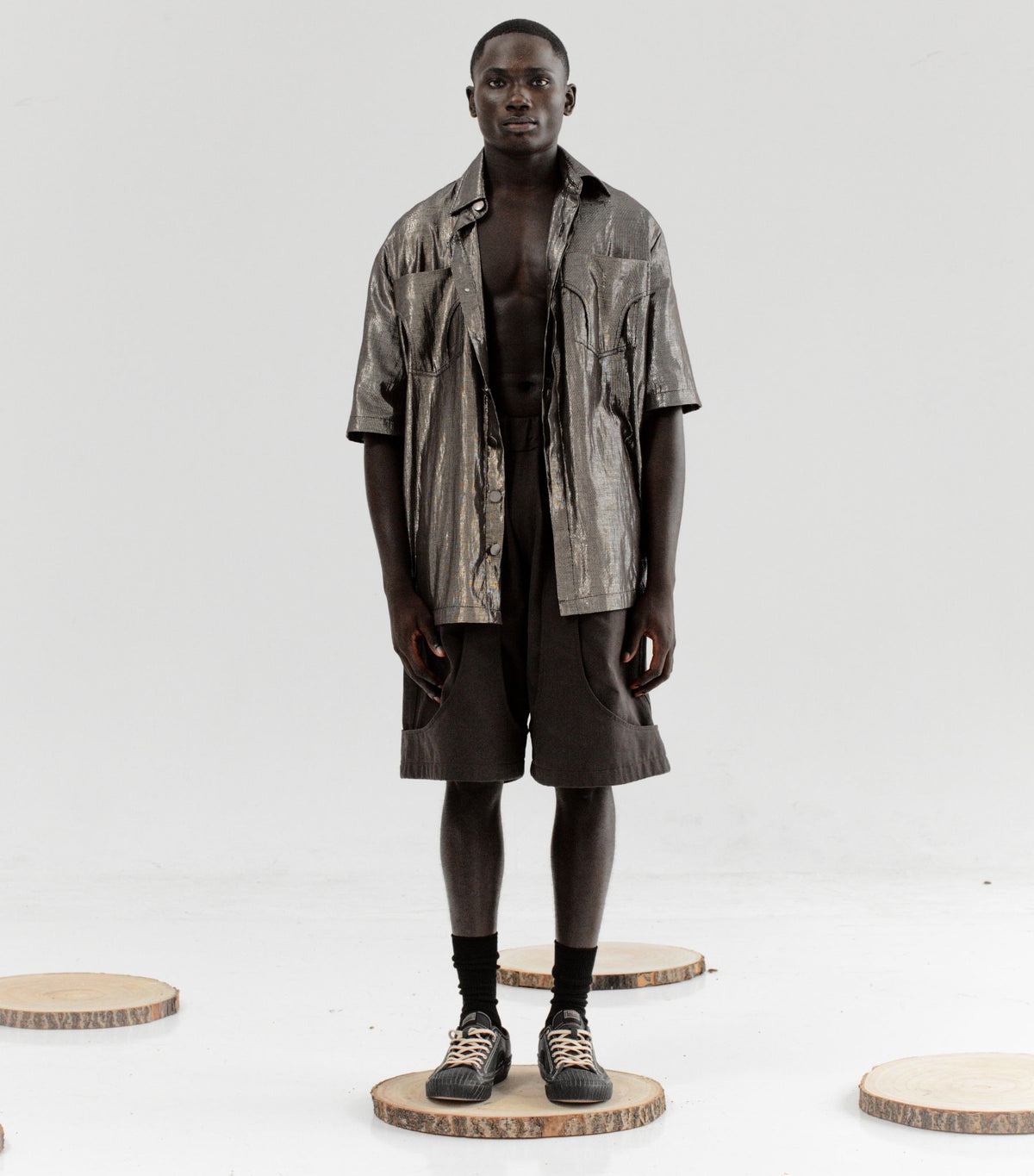 CLARA SON - Oversized Shorts with Bibs Detail | Espresso  , buy at DOORS NYC