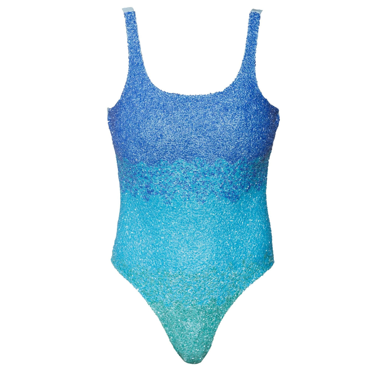 The SELF-ADORE Ombre Hand-Beaded Embellished One-Piece Swimsuit features wide shoulder straps and a textured gradient from blue to turquoise to light aqua—a stylish resortwear choice.