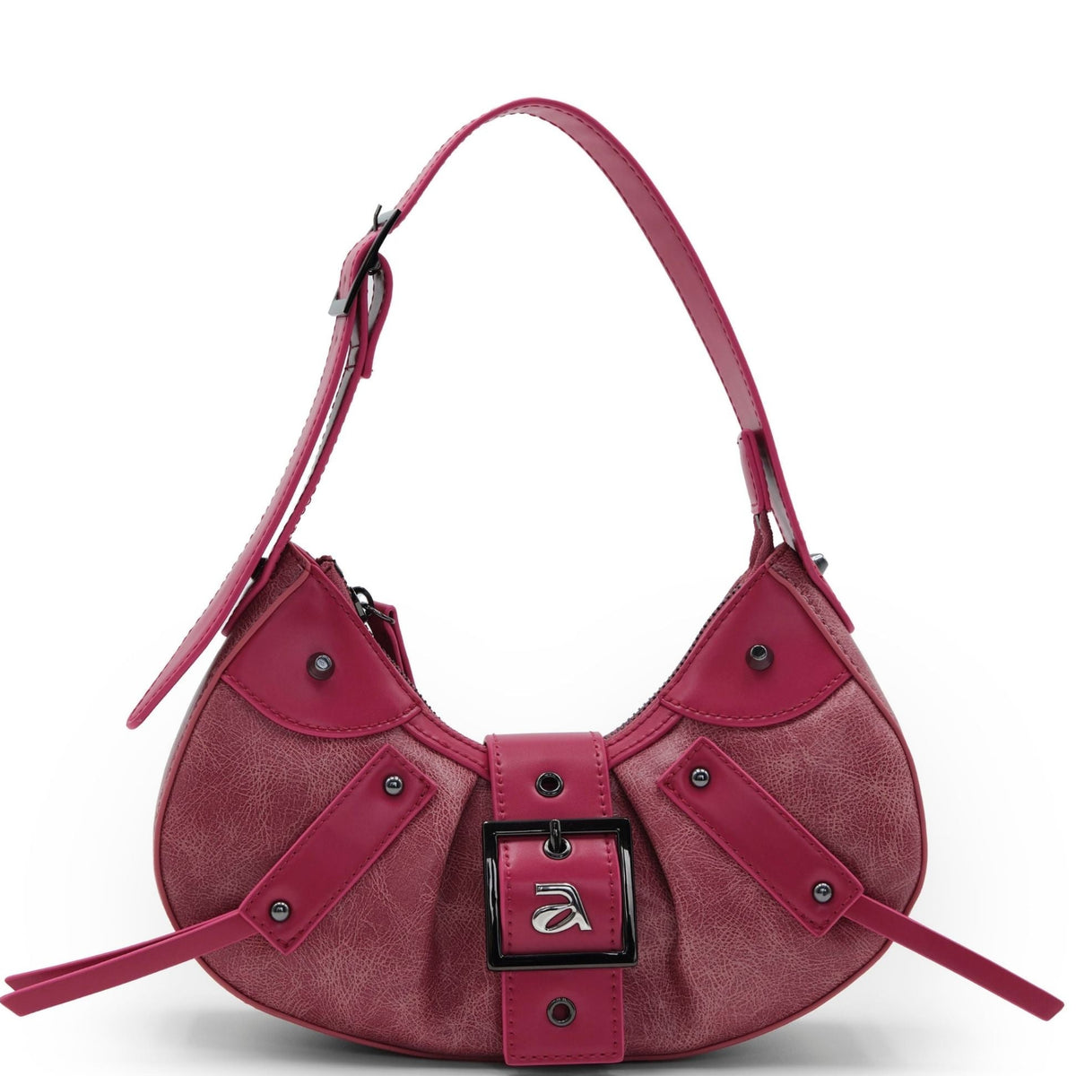 Pink handbag with a buckle detail on a white background