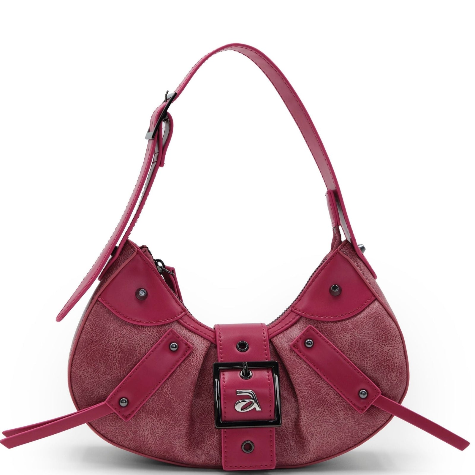 Pink handbag with a buckle detail on a white background