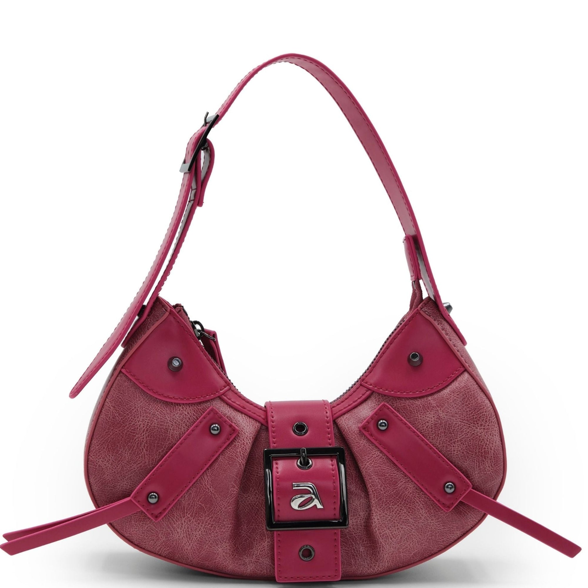 Pink handbag with a buckle detail on a white background