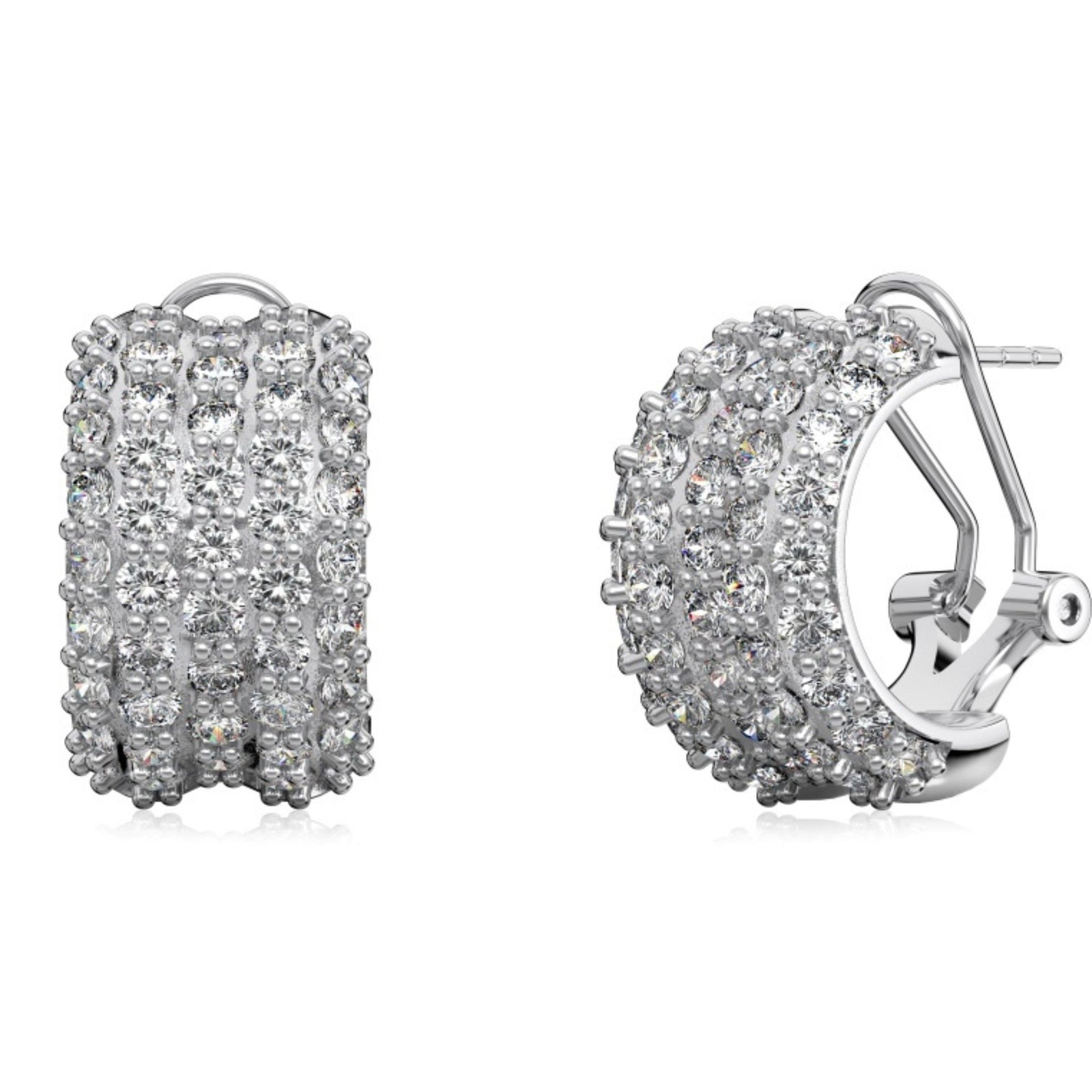 Silver hoop earrings with clear gemstones on a white background