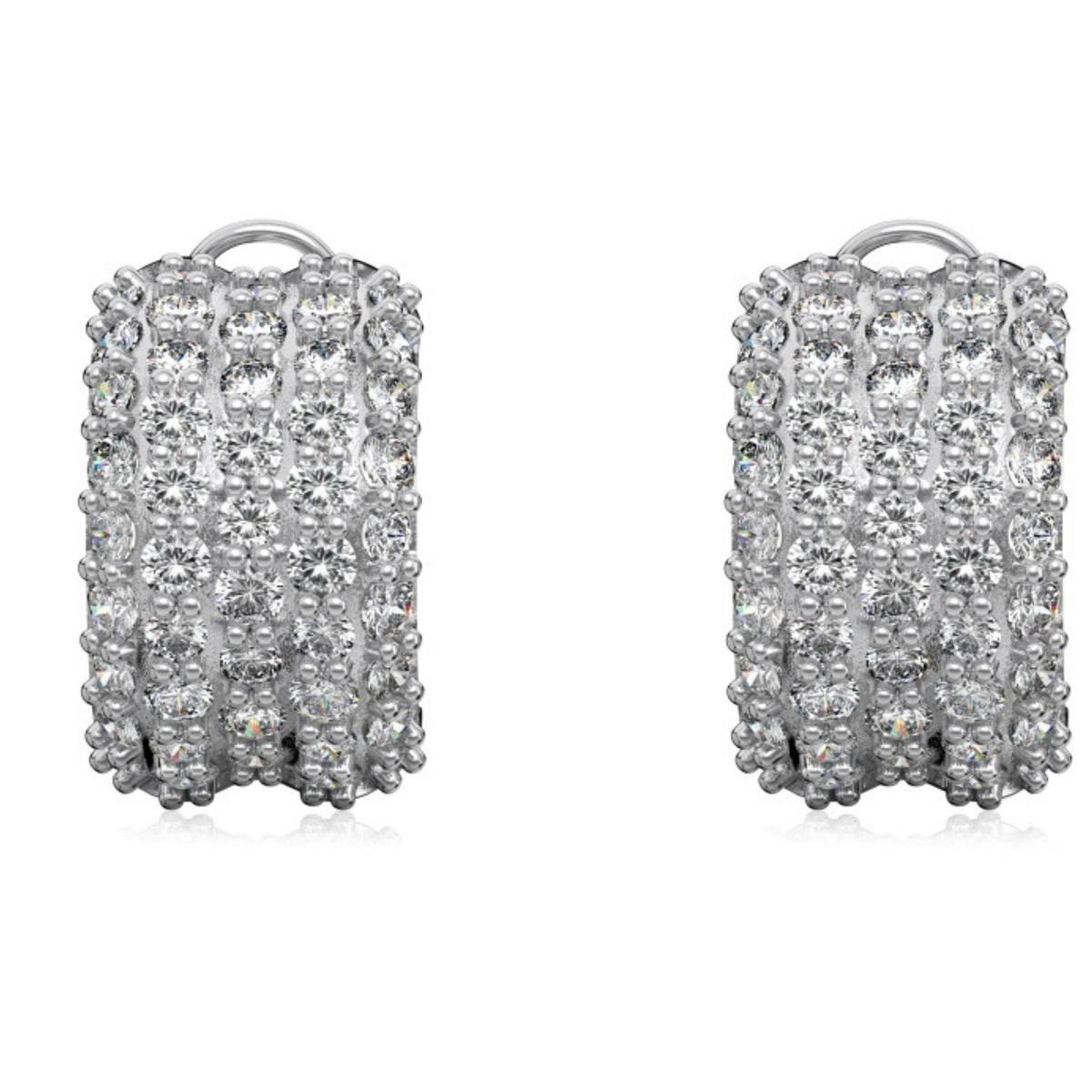 Pair of silver hoop earrings with clear gemstones on a white background