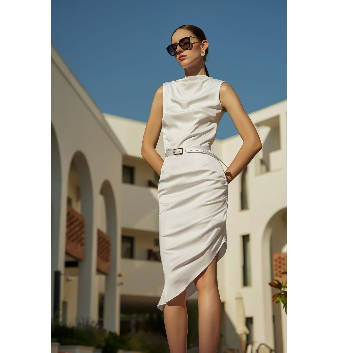 Cowl Neckline Asymmetric Viscose Midi Dress - White