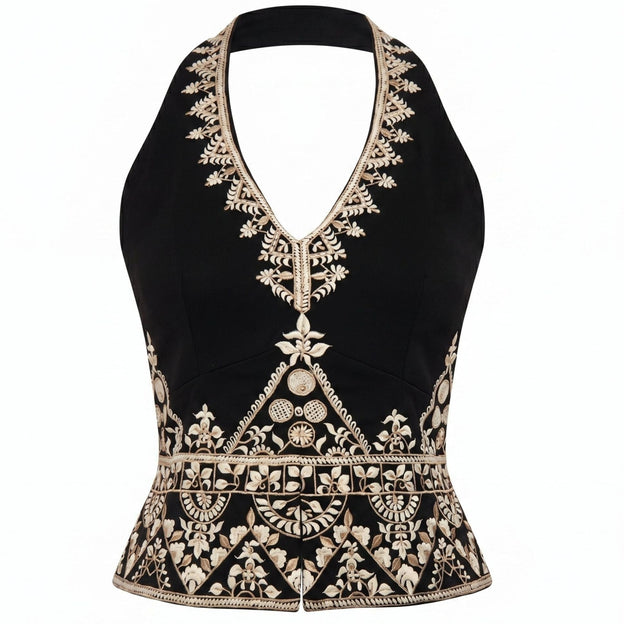 Black Floral-Embroidered Tailored Vest