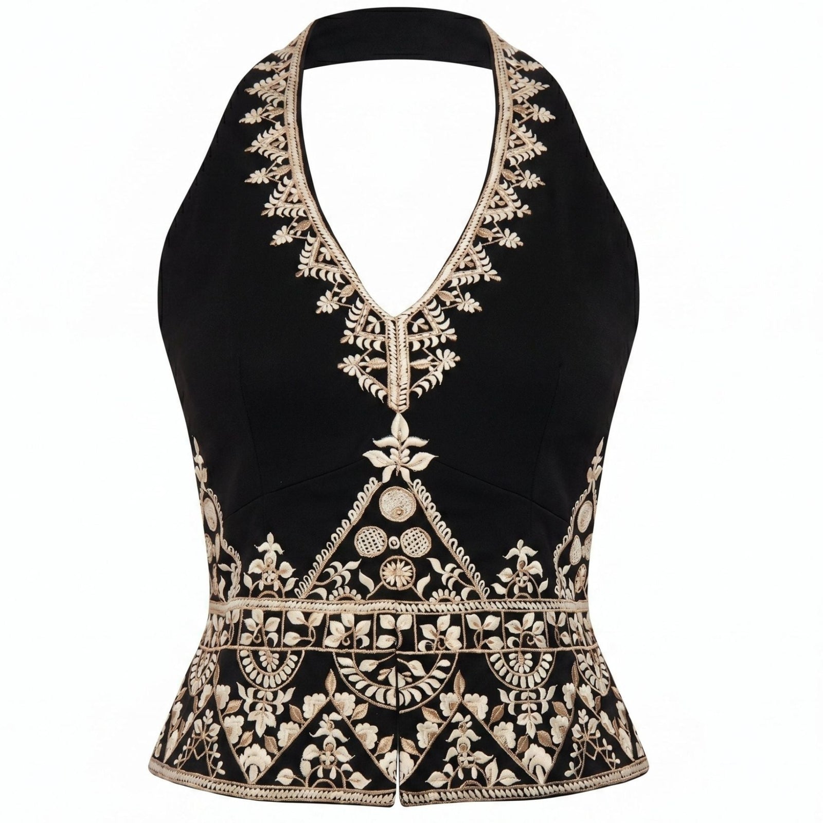 INTERNATIONAL APPEAL's Black Floral-Embroidered Tailored Vest features cream floral and geometric embroidery along the edges and waist, blending contemporary luxury with classic tailoring.