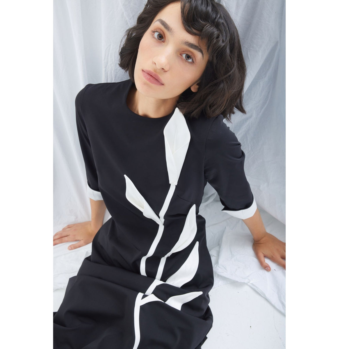 Art-Inspired Semi-Fitted Three-Quarter Sleeveless Dress | Black