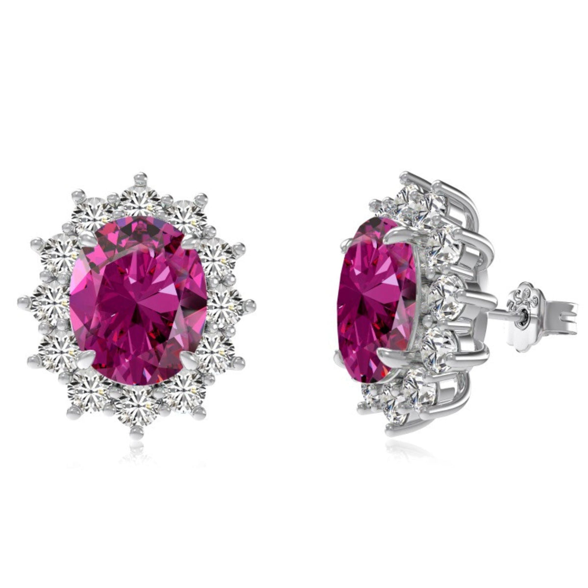 Pair of earrings with pink gemstones and silver settings on a white background