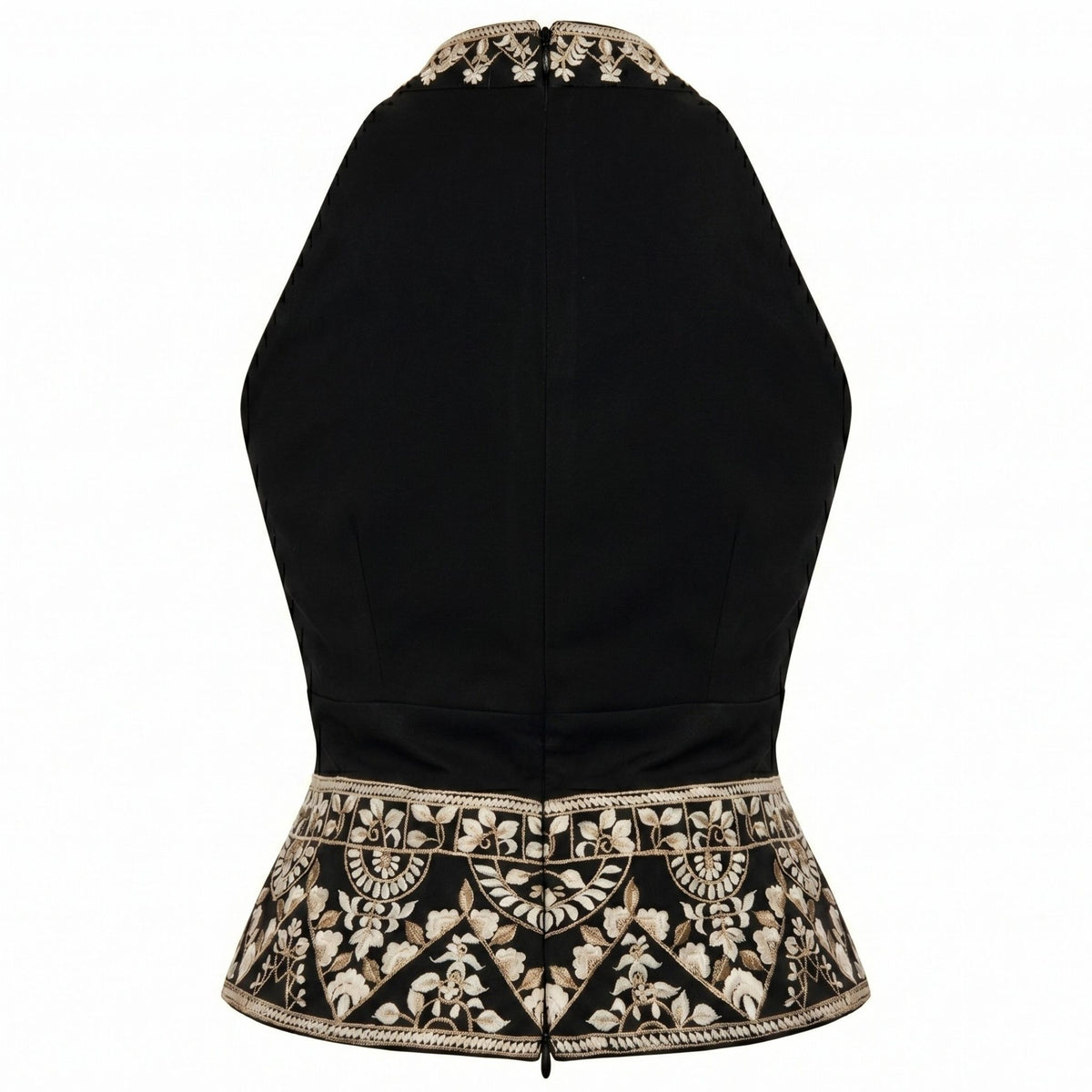 The Black Floral-Embroidered Tailored Vest by INTERNATIONAL APPEAL features a fitted, sleeveless silhouette with handcrafted white and gold floral embroidery on the collar and hem—luxurious details that stand out from every angle.