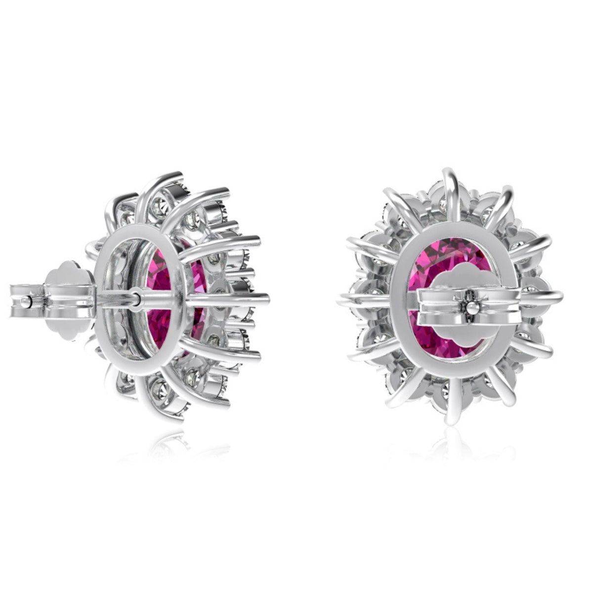 Silver earrings with pink gemstones on a white background