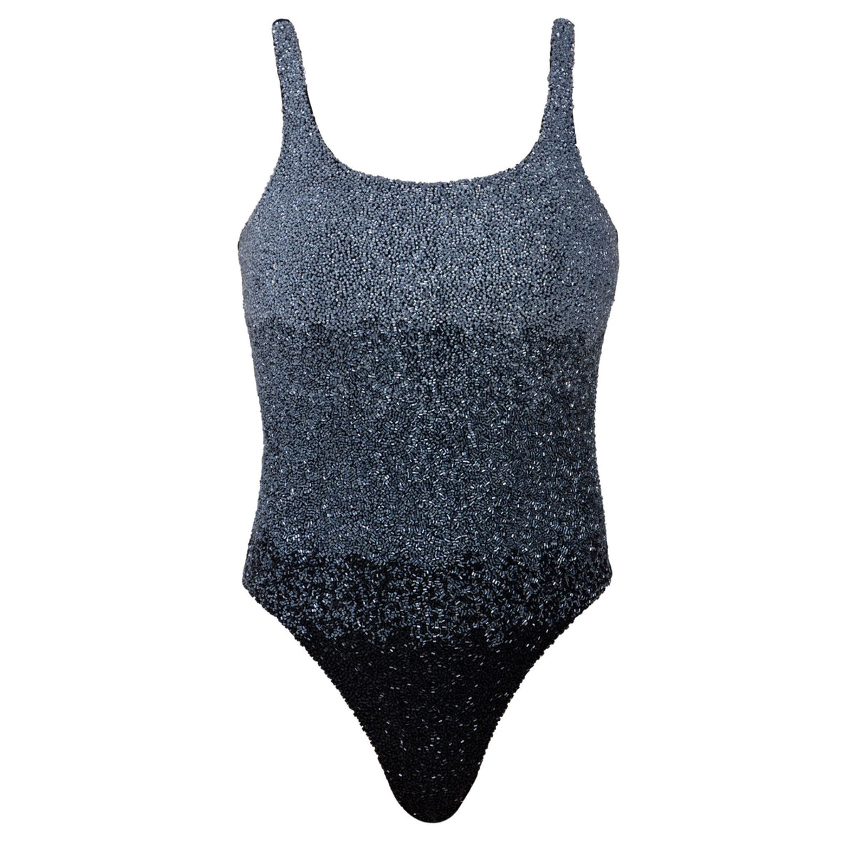The SELF-ADORE Ombre Hand-Beaded Embellished One-Piece Swimsuit features a sleeveless, textured design with a gradient from light gray to black—a stylish resortwear pick.