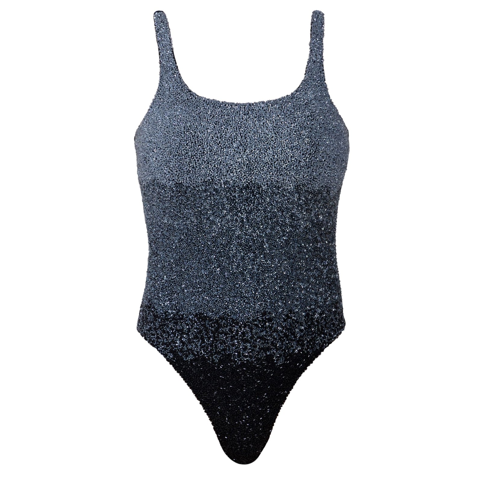 The SELF-ADORE Ombre Hand-Beaded Embellished One-Piece Swimsuit features a sleeveless, textured design with a gradient from light gray to black—a stylish resortwear pick.