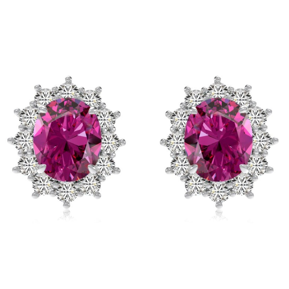 Pair of earrings with pink gemstones and silver halo on a white background